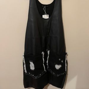 ZARA faux leather Pinafore Dress Overall Black Denim Pockets
